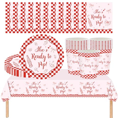 AURALIN Vajilla Ready to Pop 53 piezas para 16 personas con decoración | Diseño de cuadros rojo y rosa con platos vasos servilletas y mantel reutilizable 137×274 cm para celebraciones