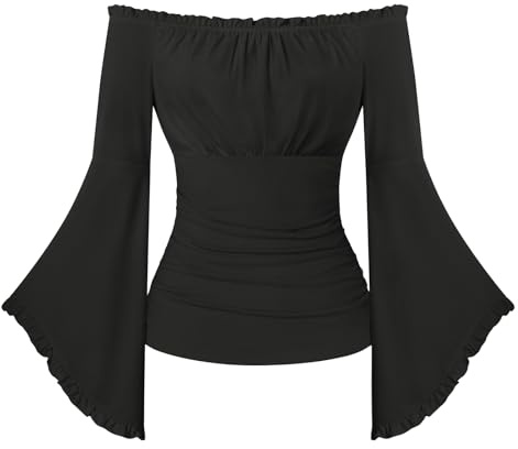 SCARLET DARKNESS Women Renaissance Pirate Top Off Shoulder Flare Sleeve Top | Wrap Top, Medieval, Gothic, Halloween Costume