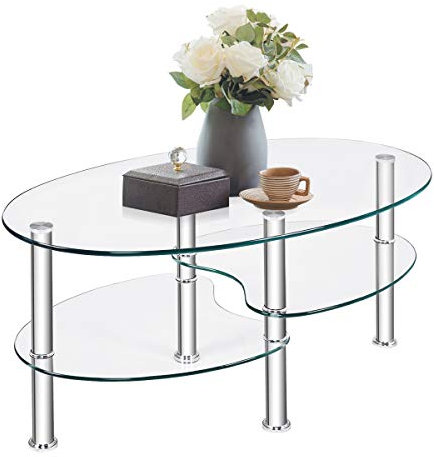 Tangkula Mesa de café de Cristal para Oficina en casa con 2 Patas de Cristal Templado y Patas Resistentes cromadas de Cristal Ovalado, Mesa de té Moderna
