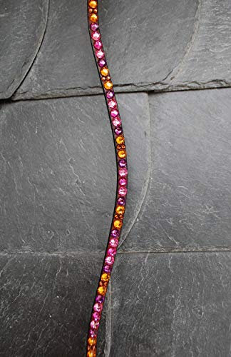 GlücksHucke Bunter Strass Stirnriemen 'Waldritt' in Pink, Lila & Braun, geschwungen, schmal (Warmblut XL, Leder Dunkelbraun)