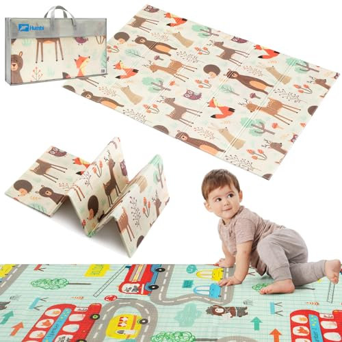 Tapis de jeu pour bébé HUMBI, tapis d'éveil, mousse XPE, double face, flatbar, imperméable, taille extra, tapis bébé, antidérapant, 120x180 (Forêts, Routes)