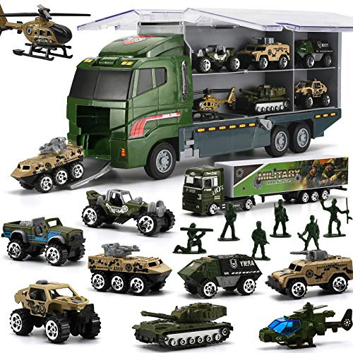 26 en 1 Camion Militaire avec Ensemble de Soldats, Mini Véhicule Militaire Moulé sous Pression dans un Camion Porteur, Jouet de l'Armée Véhicule de Transport à Double Face pour Enfant Garçon Fille