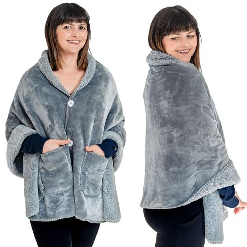 Happination Poncho Blanket for Women - No Sleeves - Wrap Shawl with Large Front Pockets - Patio Blanket for Autumn - Wearable Blanket -Fleece Sherpa Small Throw - Lap Blanket -Gift for Mom and Grandma