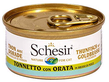Schesir Cat in Brühe Hühnerfilet mit Goldbrasse, Katzenfutter nass in eigener Kochbrühe, 24 Dosen x 70 g