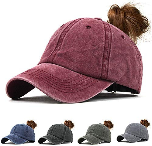CheChury Damen Baseball Kappe Vintage Pferdeschwanz Cap Washed Ponytail Baseballmütze Mit Zöpfen Loch Loop Einstellbare Outdoor Sports Freizeit Basecap Unisex