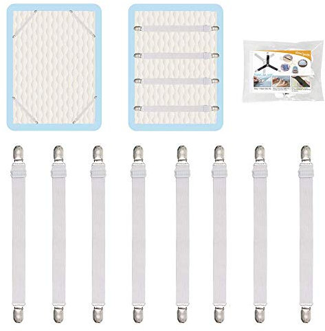 8 verstellbare Bettlakenspanner, elastische Matratzen-Bettlakenbefestigungen, Halter und Hosenträger, Greifer zum Halten von Laken, Matratze, Sofa, Couch, Tischdecke, Liegestuhl-Bügelbrettbezug und
