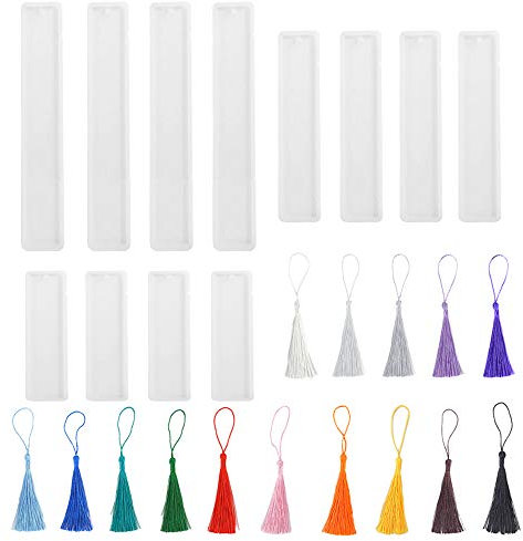 Zasiene Lesezeichen Kit 12 Stück Lesezeichen Silikonform Lesezeichen Harz Form Lesezeichen Silikon Lesezeichen Form DIY Lesezeichen Harzform mit 15 Stück Bunte Quasten für DIY Harz Schmuck Lesezeichen