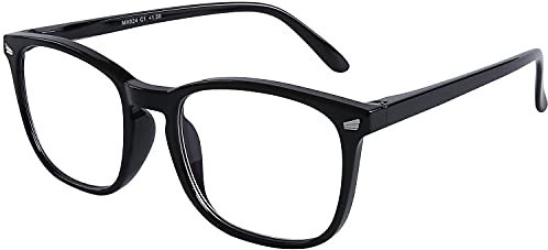 DOOViC Blaulichtfilter Lesebrille 2,0 - Schwarz/Eckig Rahmen Große Gläser Computerbrille Brille mit Sehstärke für Herren/Damen