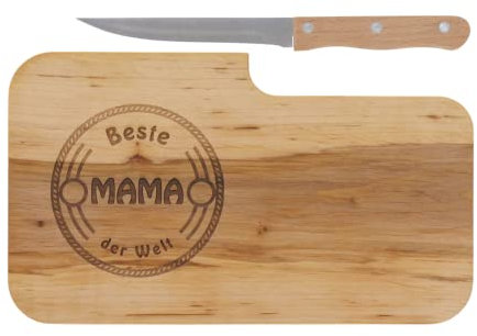 LASERHELD | Brotzeitbrett Holz mit Gravur Beste Mama der Welt & Messer | 26 x 15 cm | Frühstücksbrettchen Holz Schneidebrett Jausenbrett | Muttertagsgeschenk Geschenk für Mama