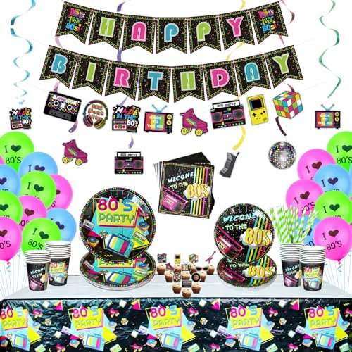 Lilwemen 80er Partydekorationsset, 80er Partyzubehör, einschließlich ALLES GUTE ZUM GEBURTSTAG Banner, hängende Wirbel, Teller, Servietten, Tischdecken, Tassen, Geschirr, Luftballons - 20 Gäste
