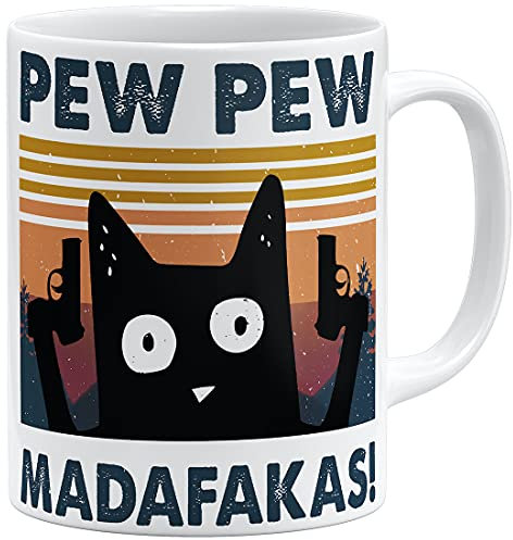 OM3® Pew Pew Madafakas Tasse mit Spruch Statement III crazy Cat | Keramik Becher | 11oz 325ml | Beidseitig Bedruckt | Weiss