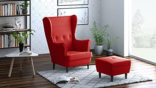 Leo Lounge Sessel mit Armlehnen, Stuhl aus Stoff mit Holz Füßen, Ohren- & armlehnensessel, Polsterstuhl, Ohrensessel, Ohrensessel groß, für Esszimmer & Wohnzimmer (Rot, Mit Hocker)