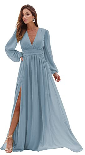 YIANN Pleated V Neck Bridesmaid Dresses with Pockets Long Sleeves Chiffon A Line Formal Party Gowns with Slit Dusty Blue UK12