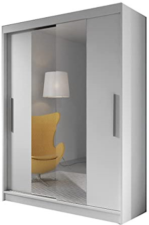 mb-moebel Armoire de Chambre avec 2 Portes coulissantes et Miroir l Dressing Garde-Robe Penderie (Tringle) avec étagères (61x150x200): Lara01 (Blanc)
