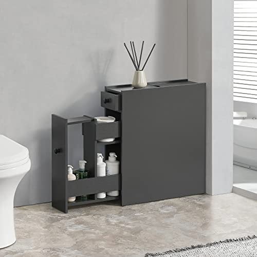 [en.casa] Armadietto Stretto da Bagno Mobile Salvaspazio con Cassetti e Scomparti Estraibili Contenitore Basso 58x16x48 cm Grigio Scuro
