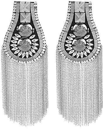 SUPERFINDINGS 2 Stück Mode Quaste Epauletten Metall Punk Schulter Silber Epaulet Retro Goldene Schulter Schulterklappen mit Quastenkette Brosche Schulter für Jacken Uniform Anzug Kostümparty, 19cm