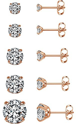 YOXUA 5 Pairs Cubic Zirconia Hypoallergenic Stud Earrings For Women Men Girls. Personalized Cartilage Fashion Earrings Are Available In Silver, Gold, Rose Gold Sizes Ranging From 3-8mm (Rose Gold)