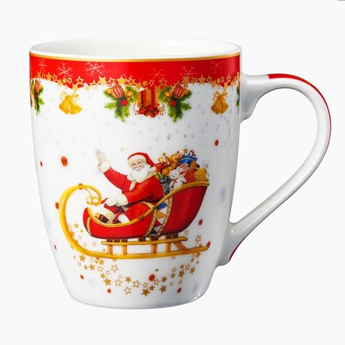 GUTE Tasse mit Weihnachtsmannschlitten, Keramik, mikrowellen- und spülmaschinenfest, 326 ml, für Kaffee, heiße Schokolade, Eierlikör – Frohe Weihnachten – Elf, Baum, Weihnachtsmann Design – Rot und