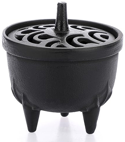 JUXYES Vintage Tripod Incense Burner Holder with Lid, Cast Iron Incense Holder Metal Cauldron Censer Antique Cone Coil Incense Burner Holder for Incense Resins, Cones or Wax Melts