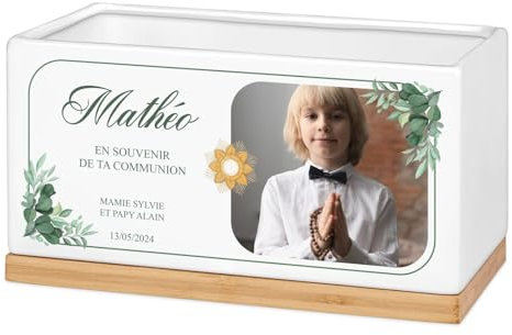 Maverton Pot de Fleur Personnalisable - Jardinière en céramique + Soucoupe en Bambou - décoration Maison - pour Femme - Accessoire pour Maman - Pot Plantes avec Impression - Communion Fille garçon