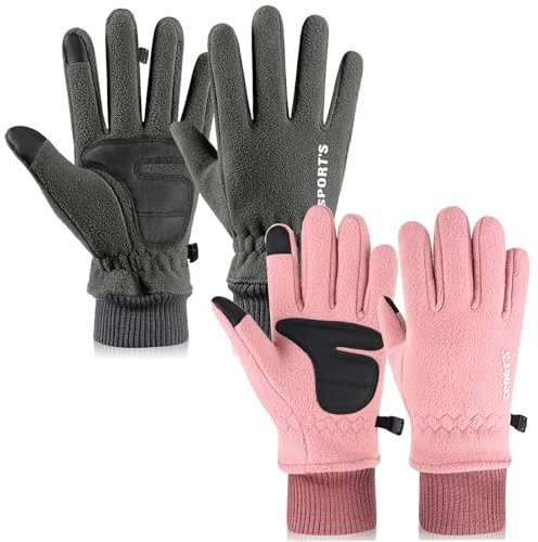 Qixuer 2-Paare Winter Warme Handschuhe für Frauen,Touchscreen Winterhandschuhe Fahrradhandschuhe Sport Winddichte Handschuhe MTB Handschuhe zum Radfahren Laufen Fahren Joggen Skifahren(Grau+Rosa)