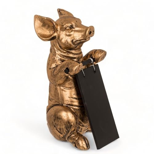 MIJOMA Goldene Kunststein Deko-Figur mit Tafel zum Personalisieren | Stilvolle Tischdekoration | Exklusives Mitbringsel für Familie und Freunde | Maße: 9,5 x 12,5 x 22 cm (Schwein)
