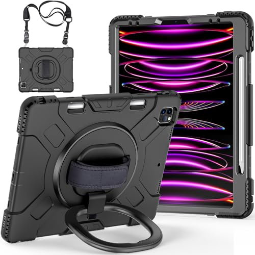 AdirMi Hülle für iPad Pro 12.9 Zoll (6./5./4. Generation, 2022/2021/2020), Stoßfeste Schutzhülle in Militärische mit 360° Drehbarem Handringständer/Griff, Handschlaufe, Schultergurt,Black