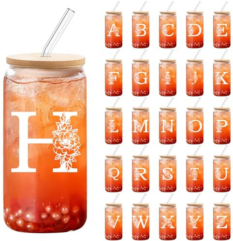DETENE 550ML Buchstabe Glasbecher Gläser mit Deckel und Strohhalm Eiskaffee Gläser Monogrammierte Initialen Geschenke für Frauen und Männer zum Geburtstag Weihnachten Geburtstagsgeschenke (H)