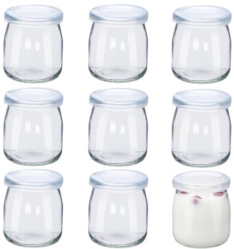9Pcs 7oz/200ml Yogurt Pudding Glass Jars with Plastic Lids, Small Glass Jars with Lids, Reusable Mini Clear Glass Bottles for Overnight Oats, Spice, Jam, Juice
