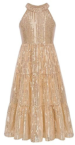 GRACE KARIN Mädchen Neckholder Funkeln Pailletten Kleid Ärmellose Hochzeit Brautjungfernkleider Gold 8 Jahre