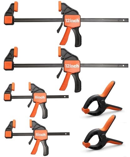 FUELIO Wood Clamps for Woodworking - Quick Grip Bar Clamps: 6-Inch(2pc), 12-Inch(2pc), Spring Clamp(2pc), Heavy Duty Woodworking Clamp, Qucik Grib F Clamp, Trigger Clamp For Wood Working, Pack of 6