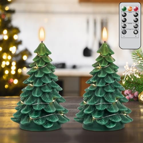 Eldnacele Candele per albero di Natale con telecomando e timer, catena luminosa integrata, set da 2 candele senza fiamma con fiamma 3D tremolante, candele LED a batteria per Natale