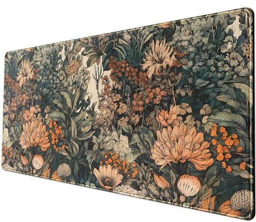 Schreibtischunterlage, Vintage, Blumenmotiv, ästhetisches Mauspad, Computer, großes Mauspad, rutschfeste Gummiunterseite, Gaming-Tastatur, Computermatte für Laptop, Büro, mit genähten Kanten, 80 x 30