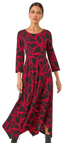 Roman Hanky Hem Swing Dress with Pockets for Women UK Ladies Asymmetric Hemline Stretch Jersey 3/4 Sleeve Winter Smart Casual Work Office Knee Length Tunics - Red & Noir - Size 18