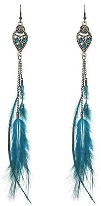 fdsmall Böhmen Feder Ohrringe Lange Quaste Drop Retro Boho Ohrring Feder Tropfen Ohrringe Dangle Kette Schmuck Geschenk (Blue)