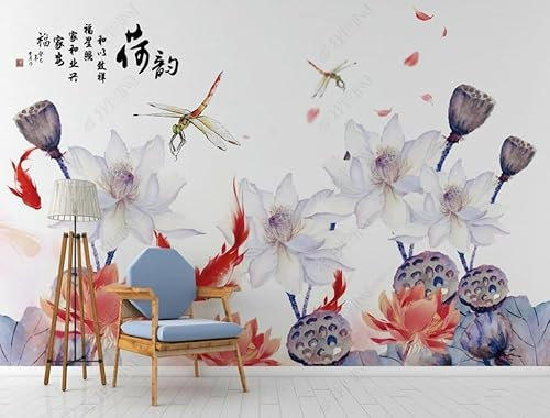 Fleurs De Lotus Roses Fleurs De Lotus Blanches Libellules Papier Peint 3D Intissé Bureau Salon Canapé Chambre Fond Décoration Murale-150cm×105cm