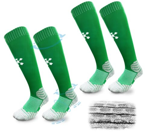 FIBOGOUP 2 Paar Fußballsocken Kinder Herren Stutzen - Fußball Stutzen EU 32-38 - Anti-Rutsch Trainingssocke Stutzenstrumpf - Sportsocken für Fußball, Laufen, Training-Green-M