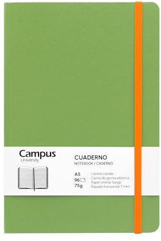 Campus Bullet Journal Notizbuch, A5, horizontal, liniert, 7 mm, Hardcover, 96 Blatt à 75 g, elastischer Verschluss, Tasche und Lesezeichen, A5, Querformat, Grün