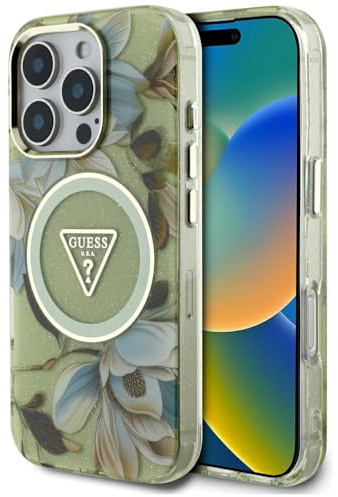 CG MOBILE Guess Glitter Flowers Triangle Buttons Hülle für iPhone 16 Pro kompatibel mit MagSafe (Grün)