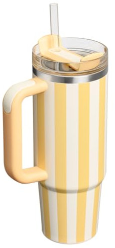 Tumbler avec poignée et paille - Avec couvercle et paille - En acier inoxydable 304 - Pour l'école, le sport en plein air (rayures jaunes)