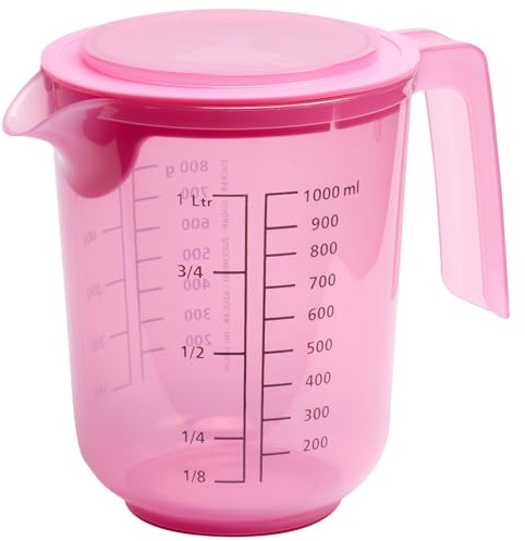 APS Rührbecher mit Deckel - Messbecher mit Maßskalen für Flüssigkeiten (l/ml), Zucker (g) und Mehl (g) / Volumen 1 Liter/Ø 12,5 cm/Höhe 16 cm