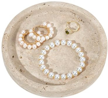 nbeads Plateau en Travertin Naturel, 15cm Plateau à Bijoux Rond en Marbre Organiseur de Bureau en Pierre Présentoir à Bijoux pour Clés Boucles D'Oreilles Table de Chevet Décoration, Beige