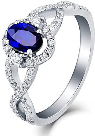 Stfery Ring Weiß Gold 18K Damen, Eheringe mit Topas Blau in Ovalschliff, Diamantring Echtgold Schmuck, Gr.57 (18.1)