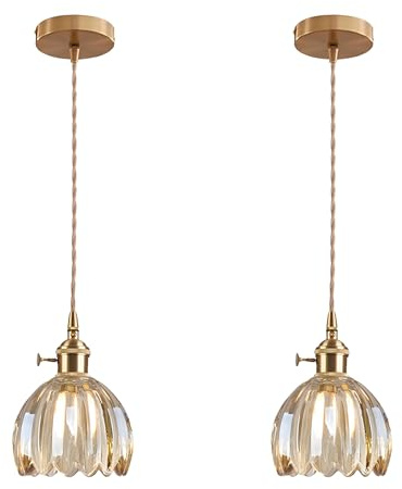 ESKED Vintage Pendelleuchte aus Glas mit E27-Fassung und Drehschalter, Deckenleuchte mit Lampenschirm in Blütenblattform, für Küche, Esszimmer oder Schlafzimmer (Bernstein, 2 Stück)