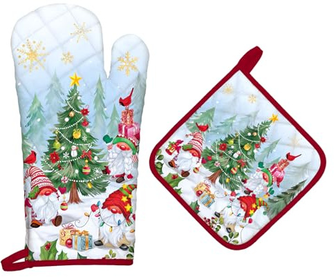 Arquiel Weihnachten Wichtel Ofenhandschuh und Topflappen 2er-Set Baumwolle | Baumwoll-Küchenset mit Weihnachten Wichtel-Motiv, hitzebeständig und praktisch zum Kochen, Backen und Grillen.