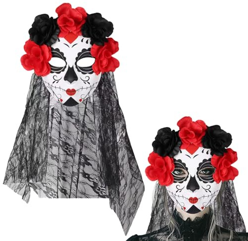 Dia Los Muertos Schleier Rosen Maske, Blumenmaske für Halloween, Vollgesichts Geisterbraut Maske mit Rosen und Spitzenschleier, Skelett-Blumenmaske, für Halloween Tag-der-Toten Karneval Cosplay Partys
