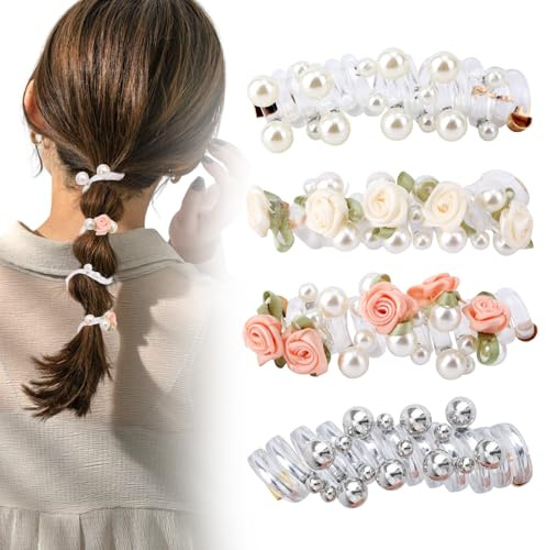 4 Élastiques à Cheveux en Spirale, 4 Couleurs Élégants Motifs Floraux en Perles Queue de Cheval pour Femme Accessoires Capillaires Élégants pour le Quotidien et les Occasions Spéciales