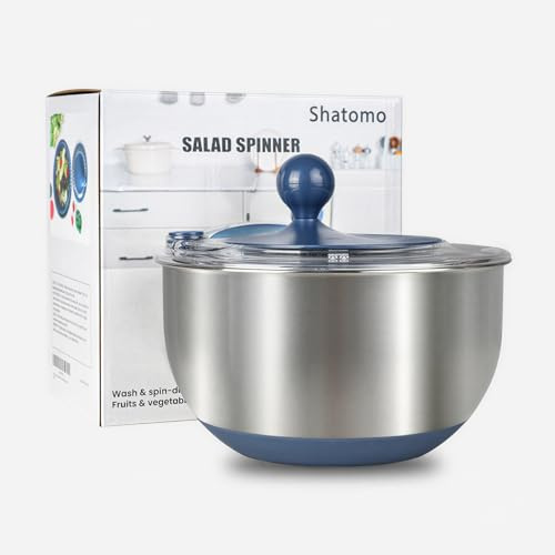 Stainless Steel Salad Spinner, 5.3 Qt Lettuce Spinner with Non-Slip Base, Drain and Stop Button, Fruit and Vegetable Washer and Dryer Spinner, Blue
