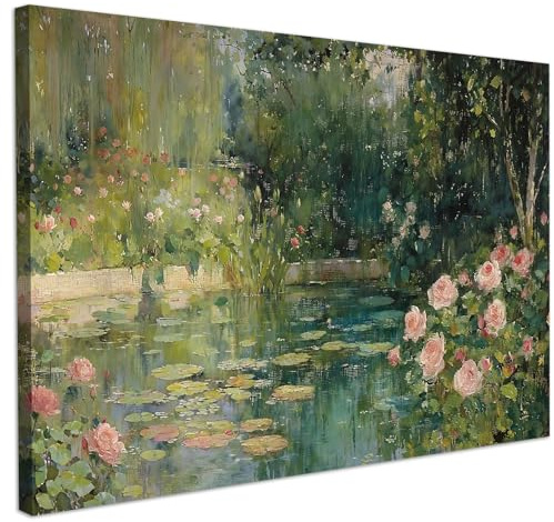 CHDITB Monet Blumen Wandkunst mit Rahmen,Grün Bilder Botanischen Garten,Impressionistische Wanddekoration,Bäumen Natur und Landschaft Poster,Grüne Wanddeko für Wohnzimmer Schlafzimmer(59x39cm)