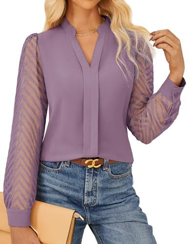 GRACE KARIN Women's Elegant Blouse Textured Semi-Sheer Sleeves Office Work Shirt Classic Henry V Neck Tops Light Purple S